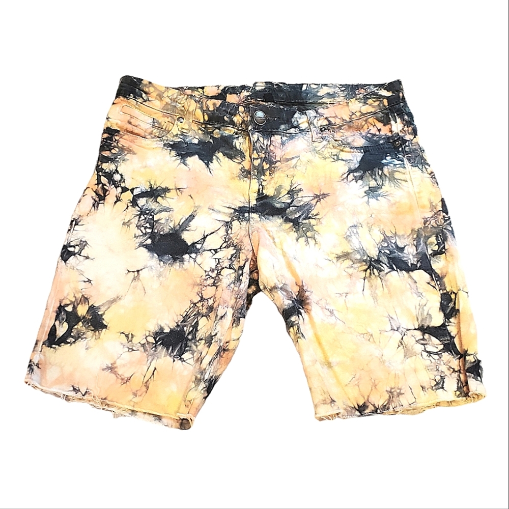 COMMON GENES | Women's black yellow & orange tie-dye cutoff jean shorts. Size 10
